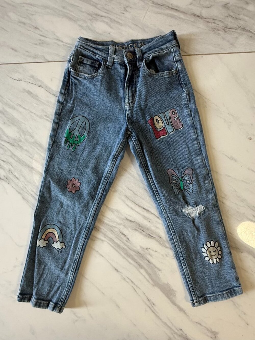 Justice Girls Size 8 Graphic Patch Embroidered Jeans LOVE Peace Butterfly